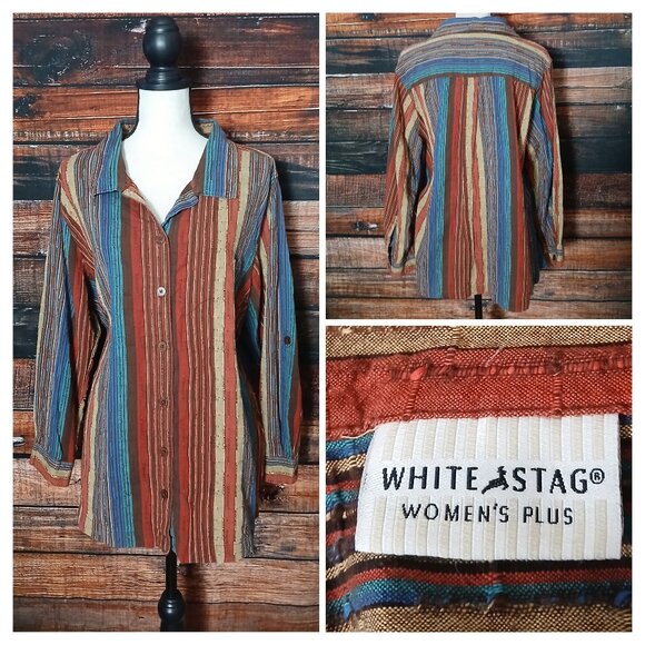 White Stag Vintage Top Plus Size 18W 20W Bohemian Textured Cotton Button Front - Picture 1 of 11